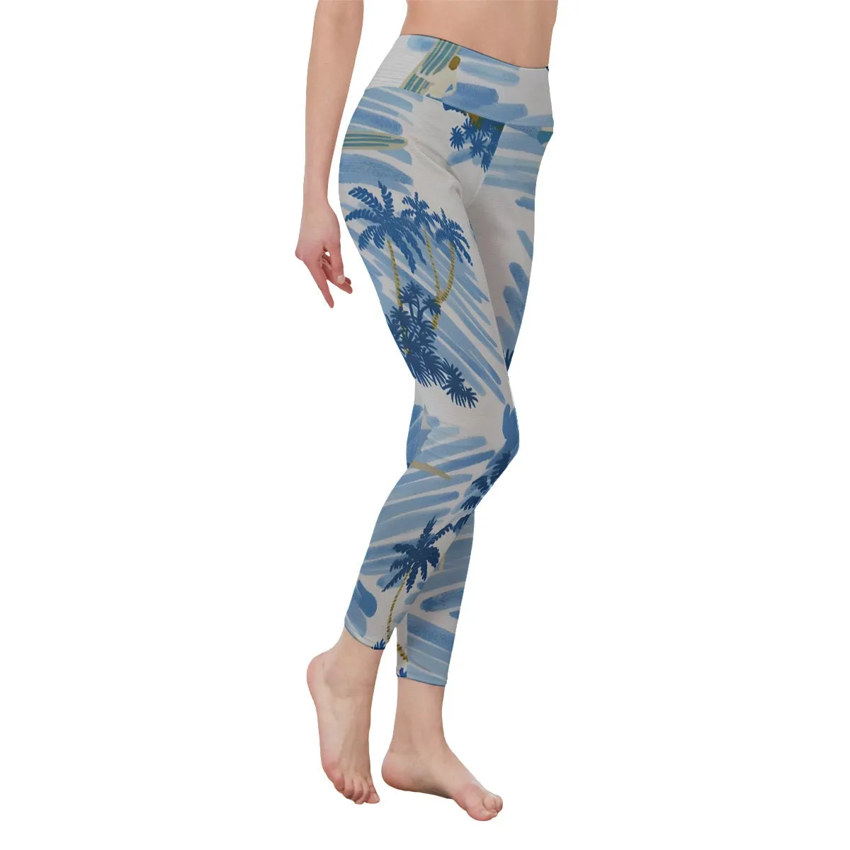 11All-Over Print Women's High Waist Leggings | Side Stitch Closure blue  palm print