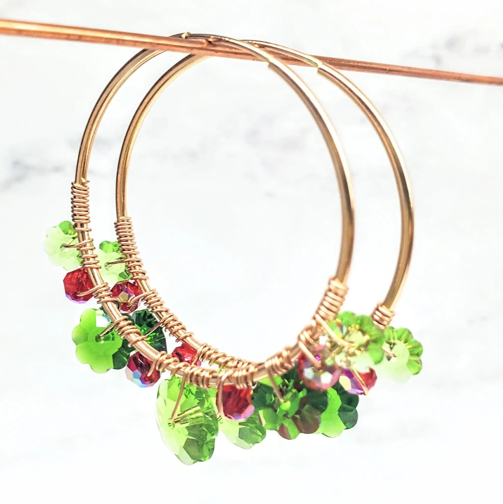 14 K Rose Gold Filled Red and Green  Holly Berry Crystal Hoops