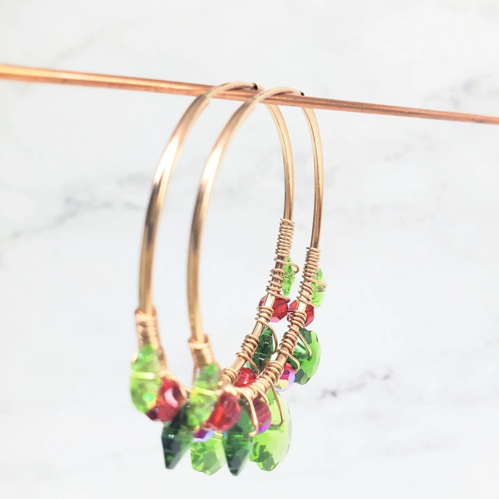 14 K Rose Gold Filled Red and Green  Holly Berry Crystal Hoops