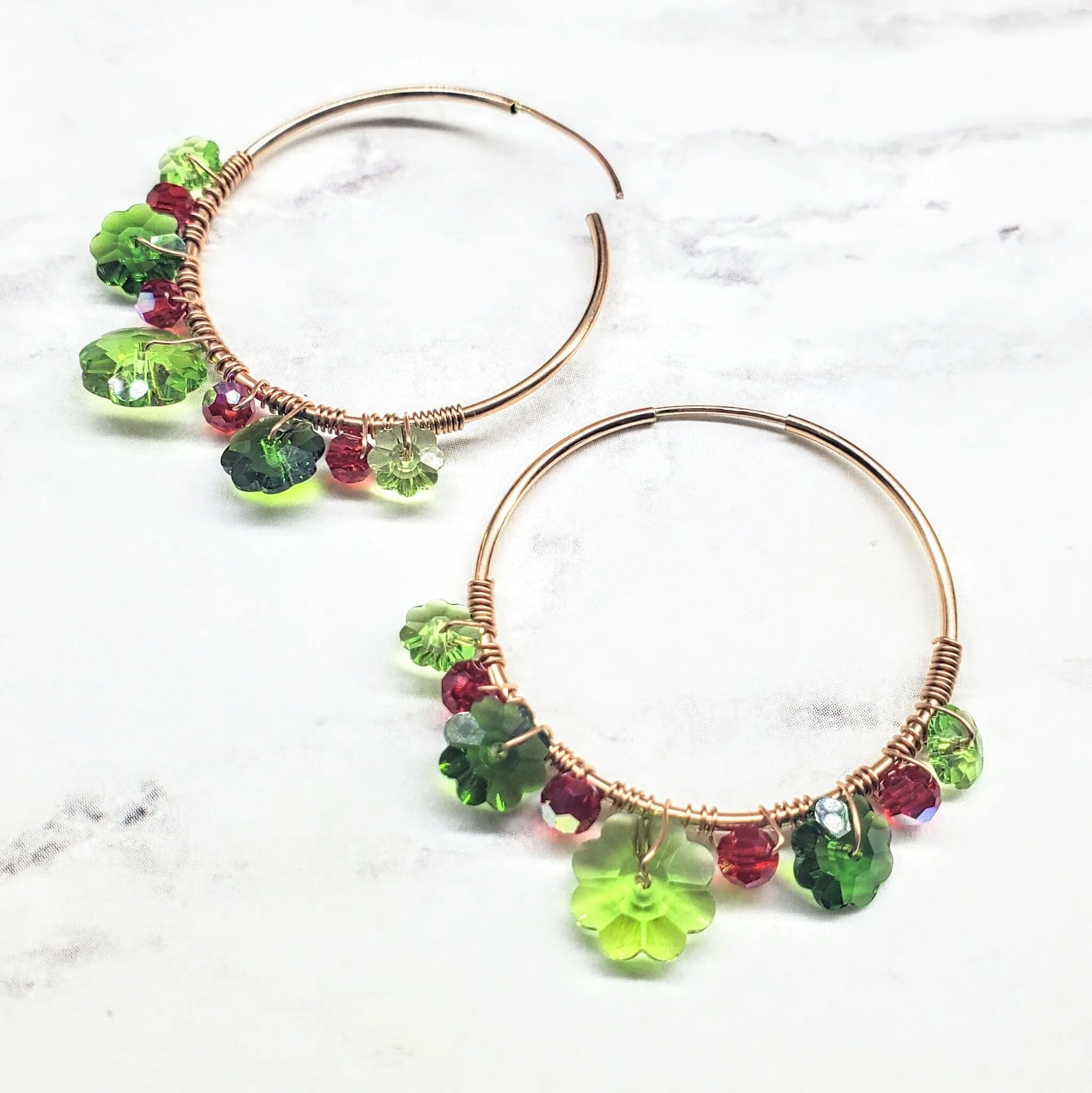 14 K Rose Gold Filled Red and Green  Holly Berry Crystal Hoops