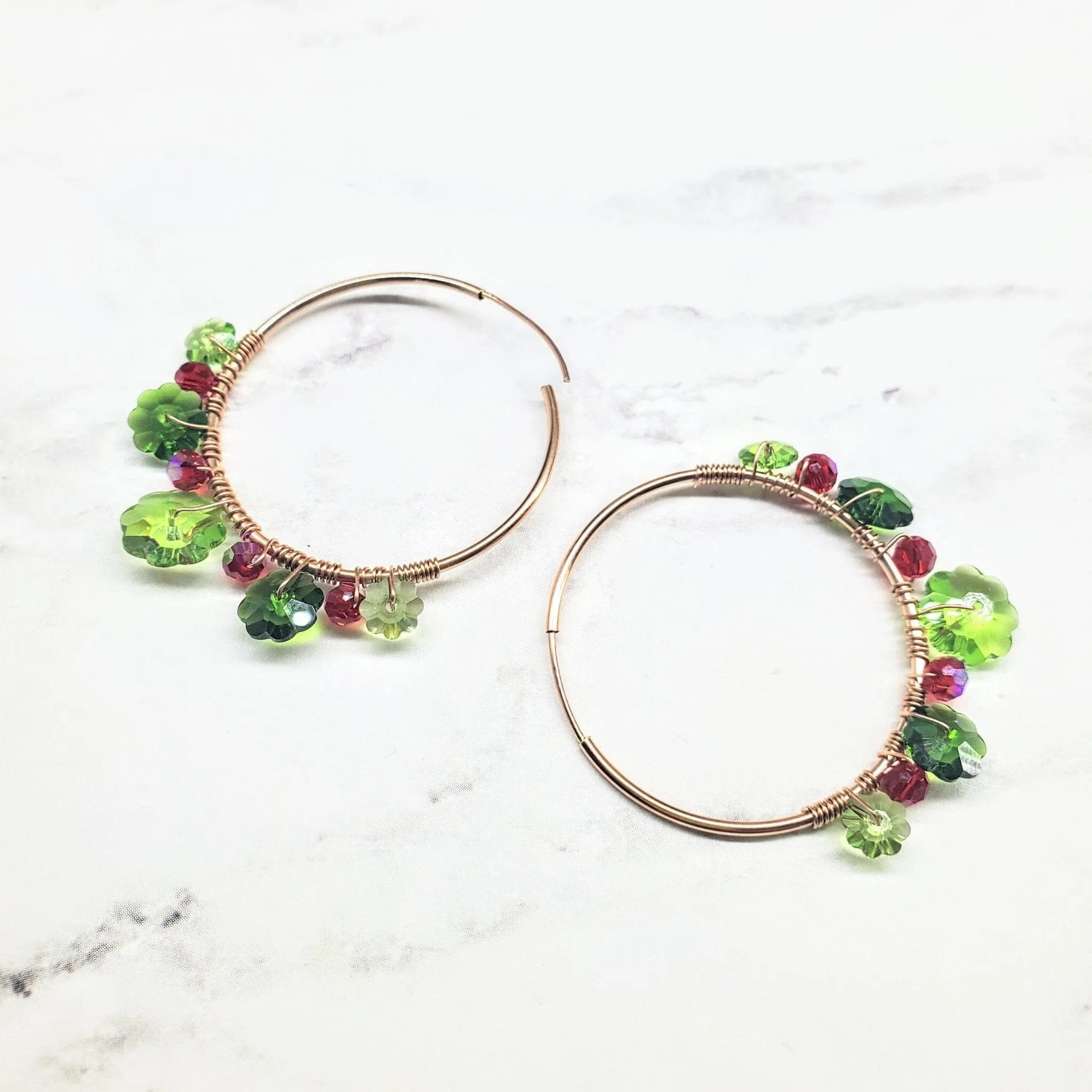 14 K Rose Gold Filled Red and Green  Holly Berry Crystal Hoops