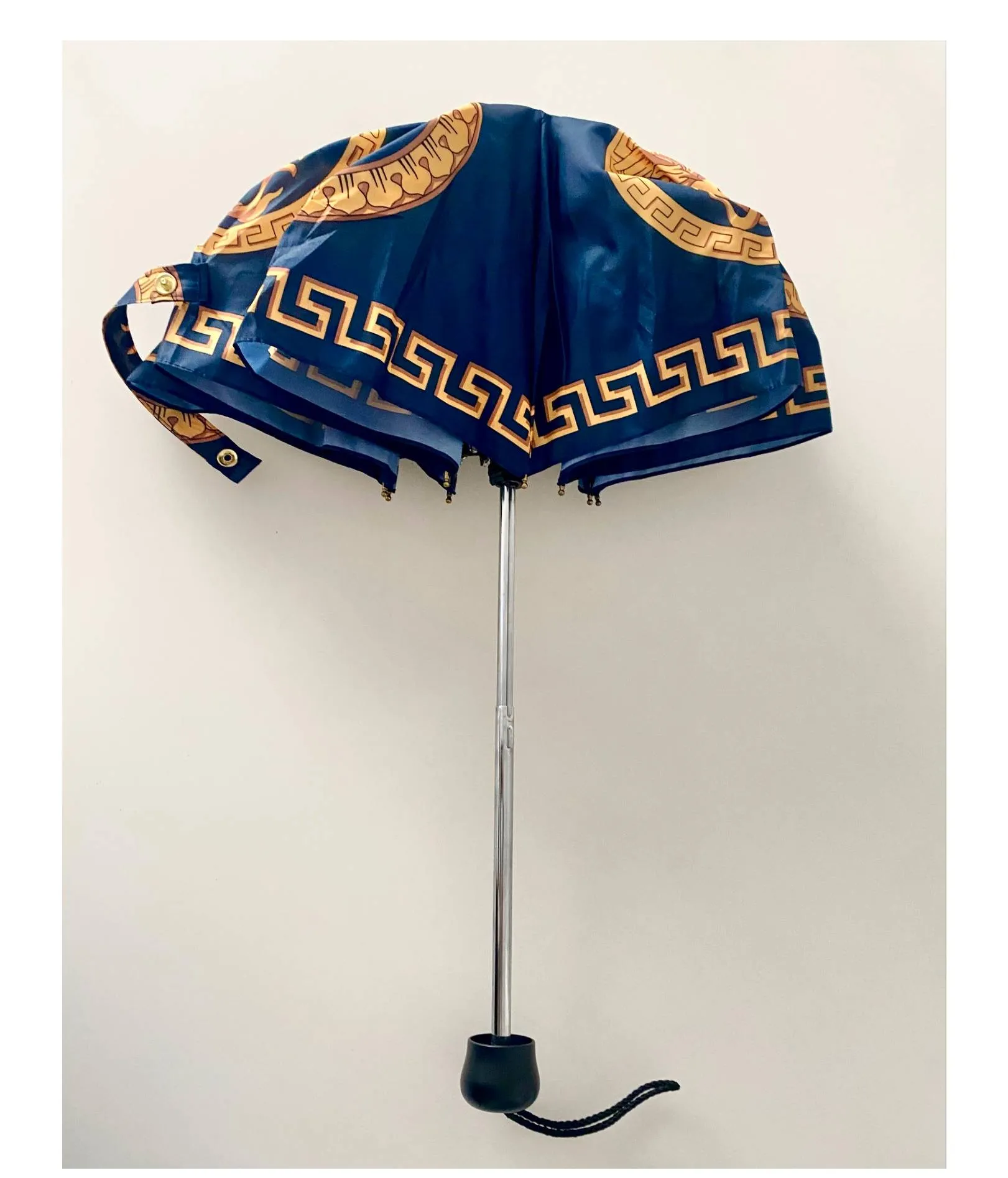 1990s Gianni Versace Navy Blue Gold Medusa Compact Umbrella