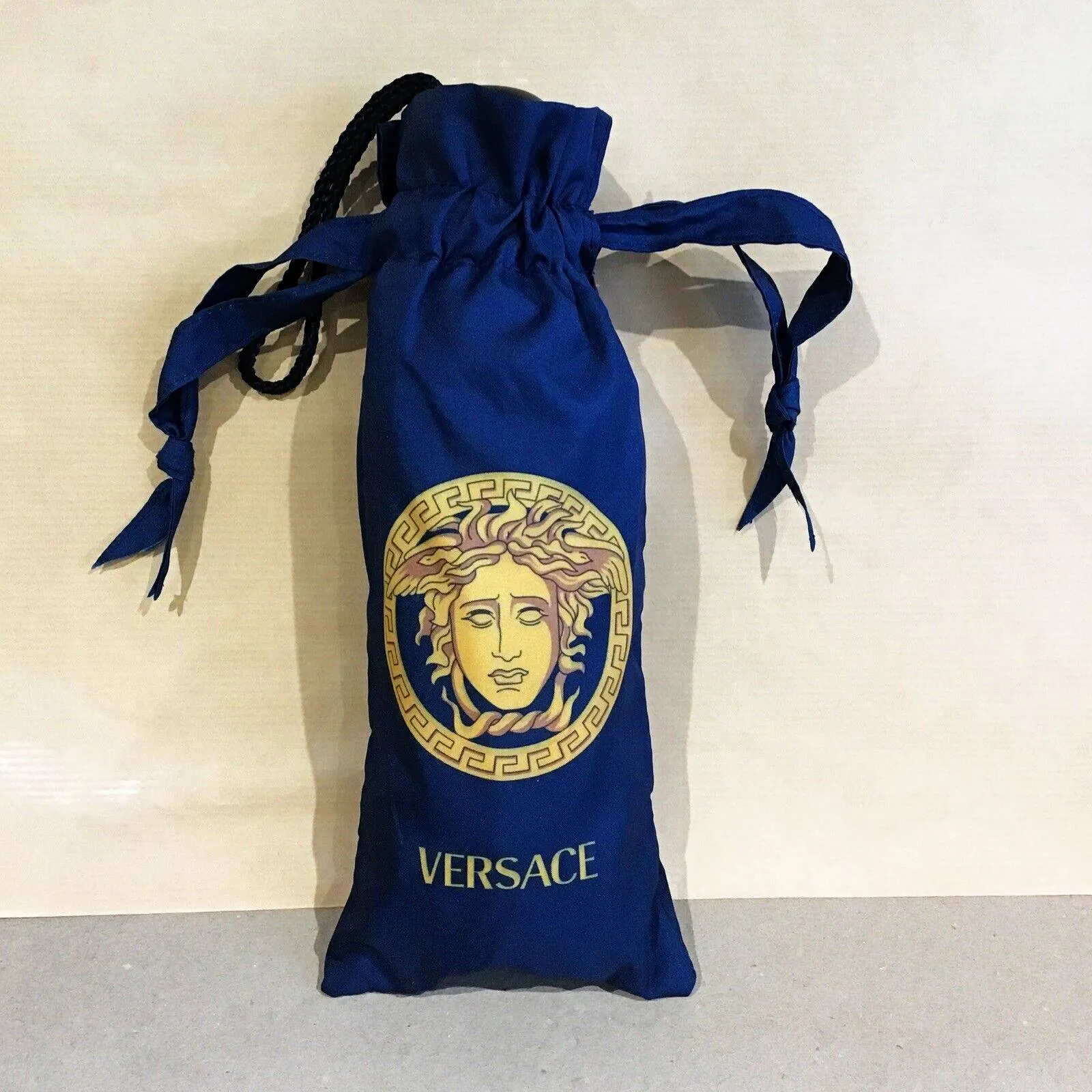 1990s Gianni Versace Navy Blue Gold Medusa Compact Umbrella