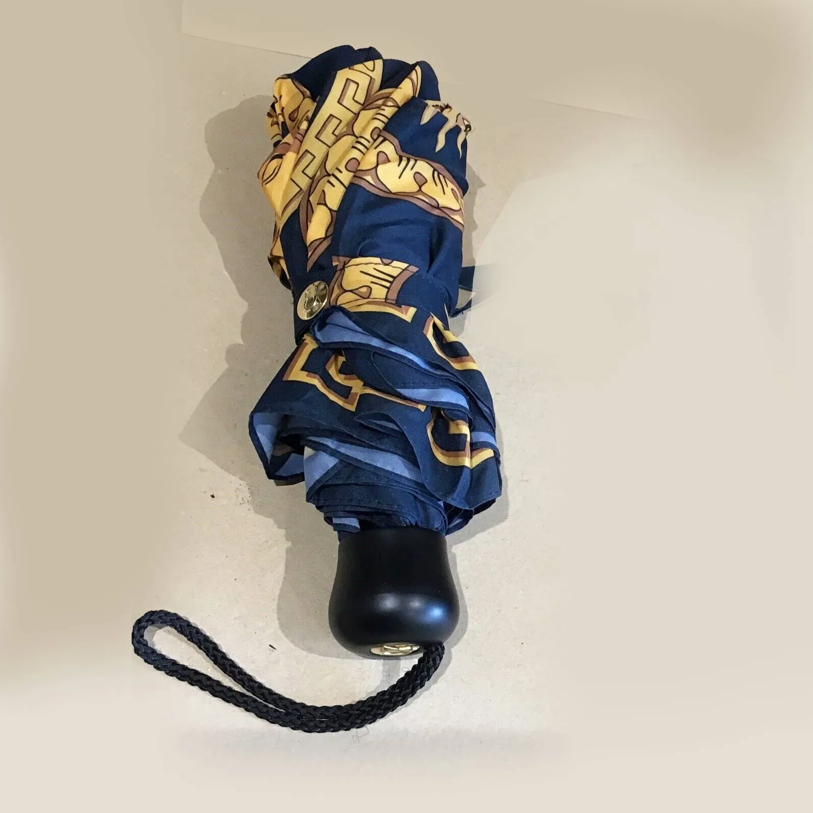 1990s Gianni Versace Navy Blue Gold Medusa Compact Umbrella