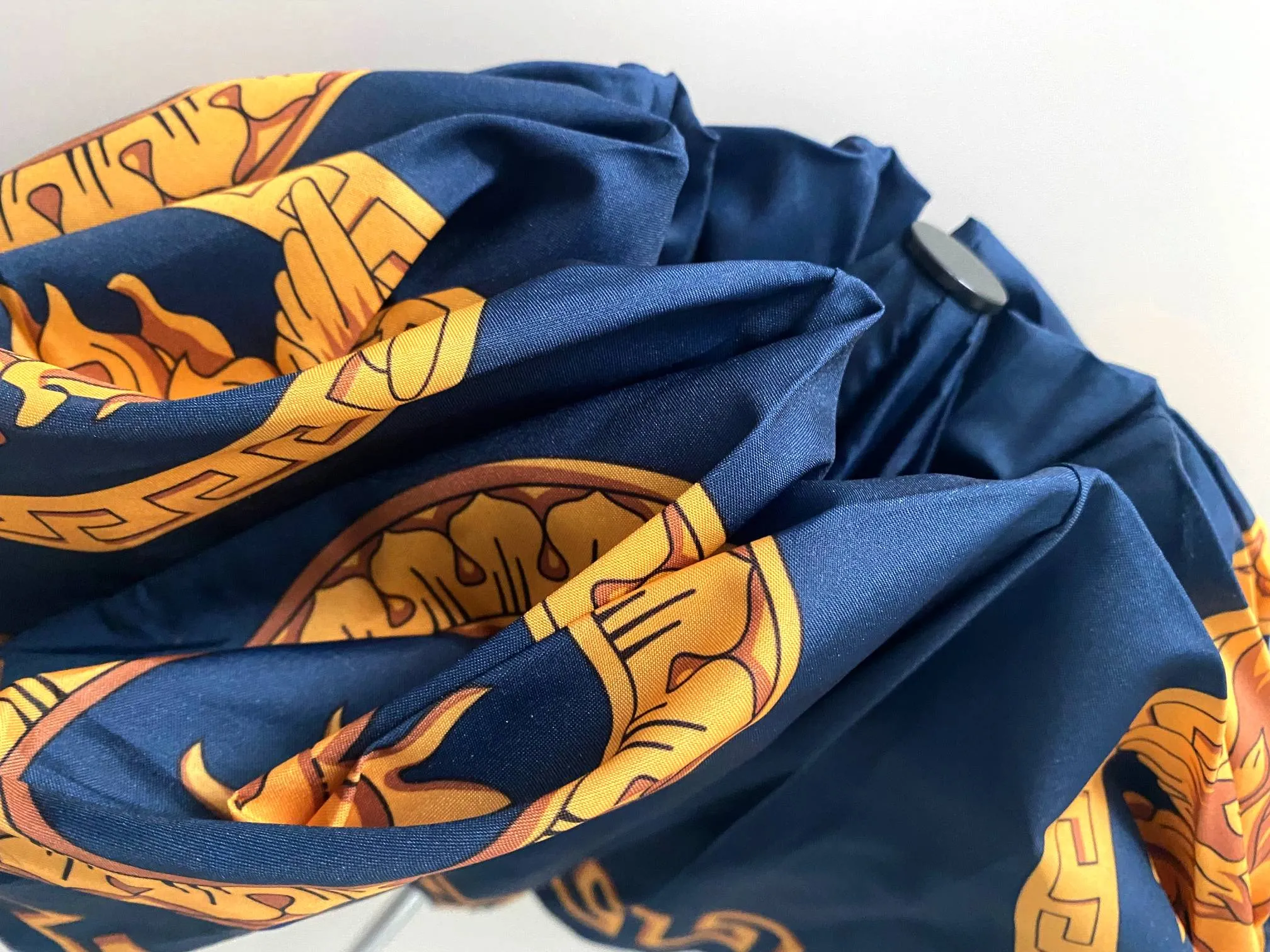 1990s Gianni Versace Navy Blue Gold Medusa Compact Umbrella