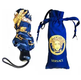 1990s Gianni Versace Navy Blue Gold Medusa Compact Umbrella