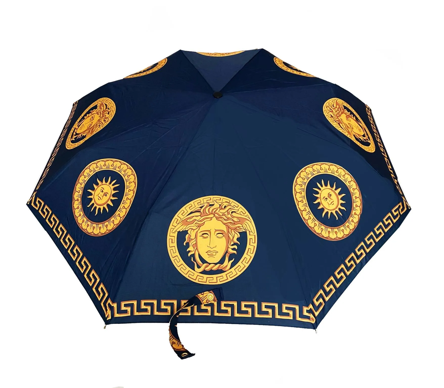 1990s Gianni Versace Navy Blue Gold Medusa Compact Umbrella