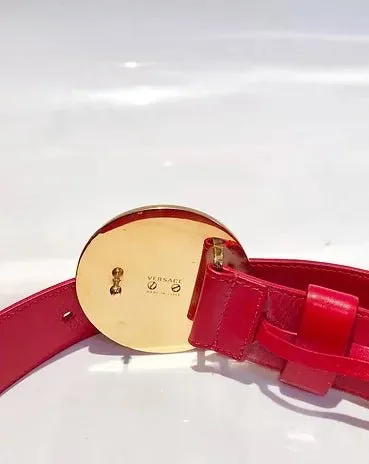 1990s VERSACE RED LEATHER GOLD MEDUSA MEDALLION BUCKLE BELT