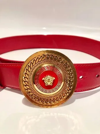 1990s VERSACE RED LEATHER GOLD MEDUSA MEDALLION BUCKLE BELT