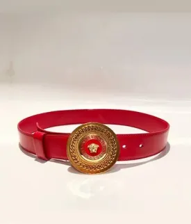 1990s VERSACE RED LEATHER GOLD MEDUSA MEDALLION BUCKLE BELT