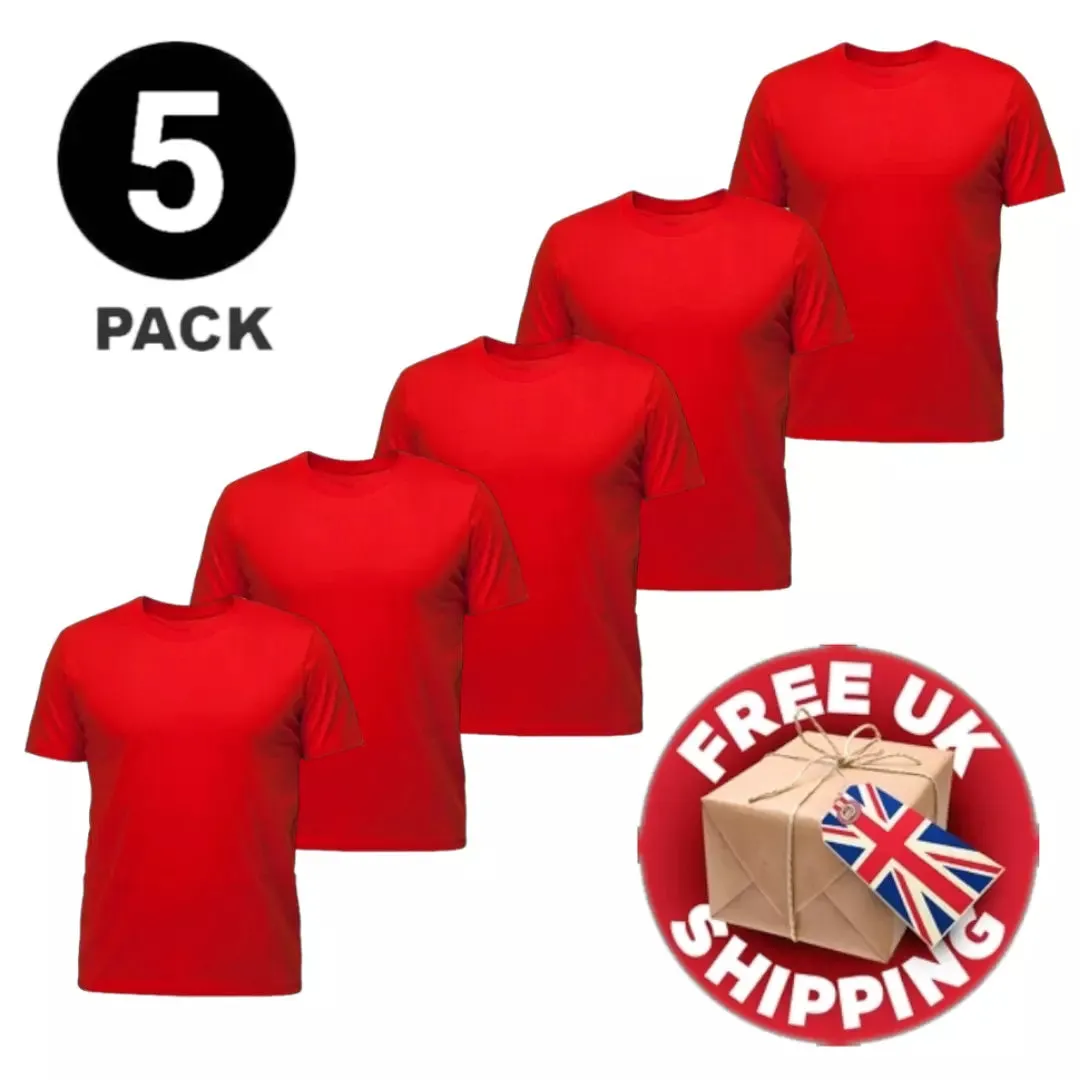 5 Packs Mens T-Shirt Heavy Cotton Plain Short Sleeve Red Color