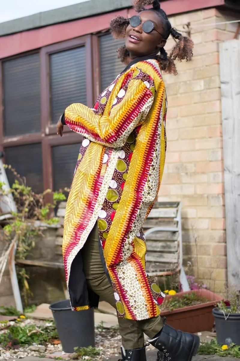 African Trench Coat in Orange Ankara Print - Festival Clothing