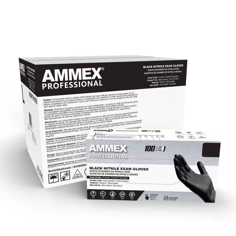 AMMEX Professional Nitrile Disposable Exam Gloves X-Large Black Powder Free 100 pk