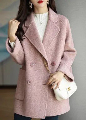 Art Pink Lapel Double Breast Thick Woolen Trench Fall