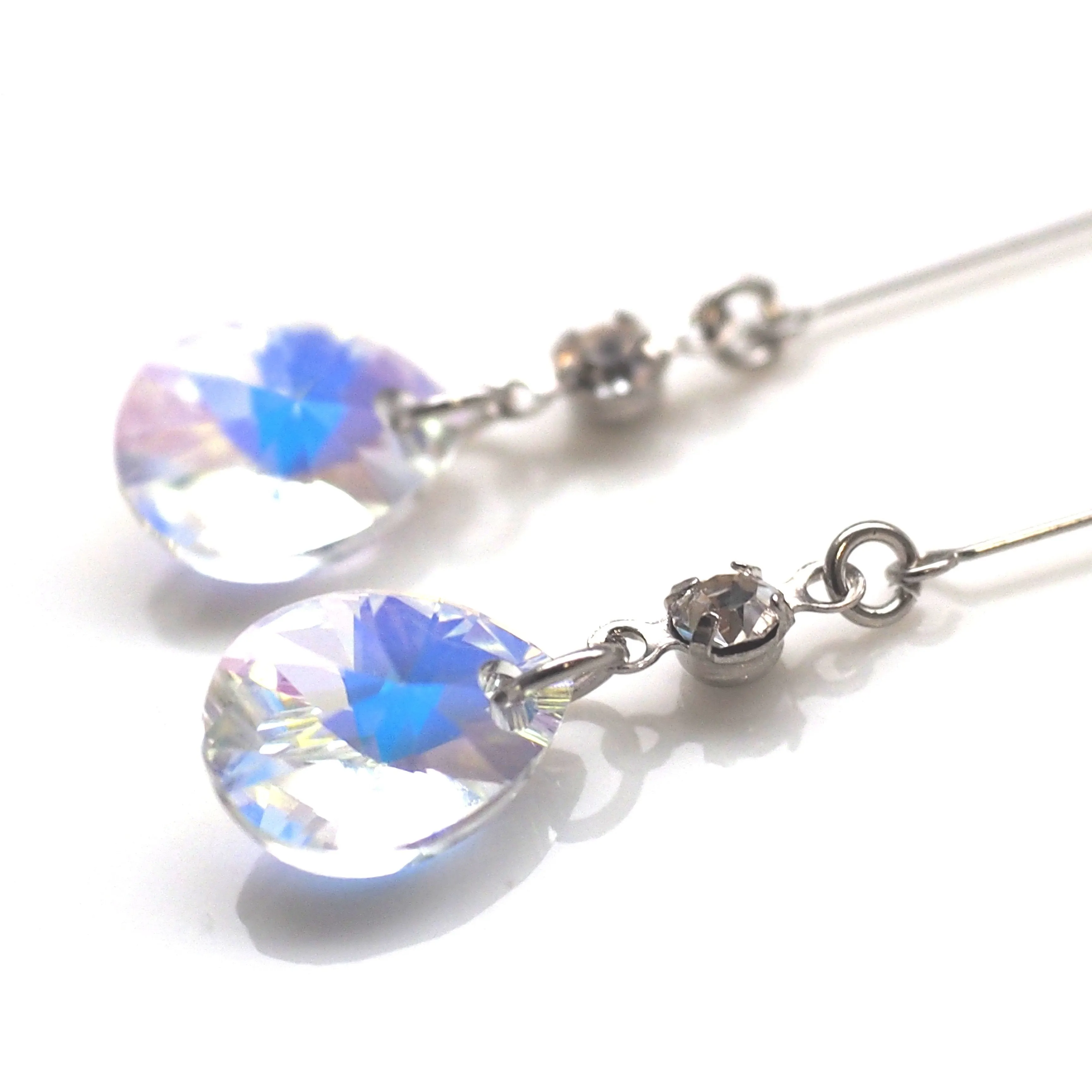 Aurora Borealis Teardrop Swarovski Invisible Clip On Earrings ( Silver tone )