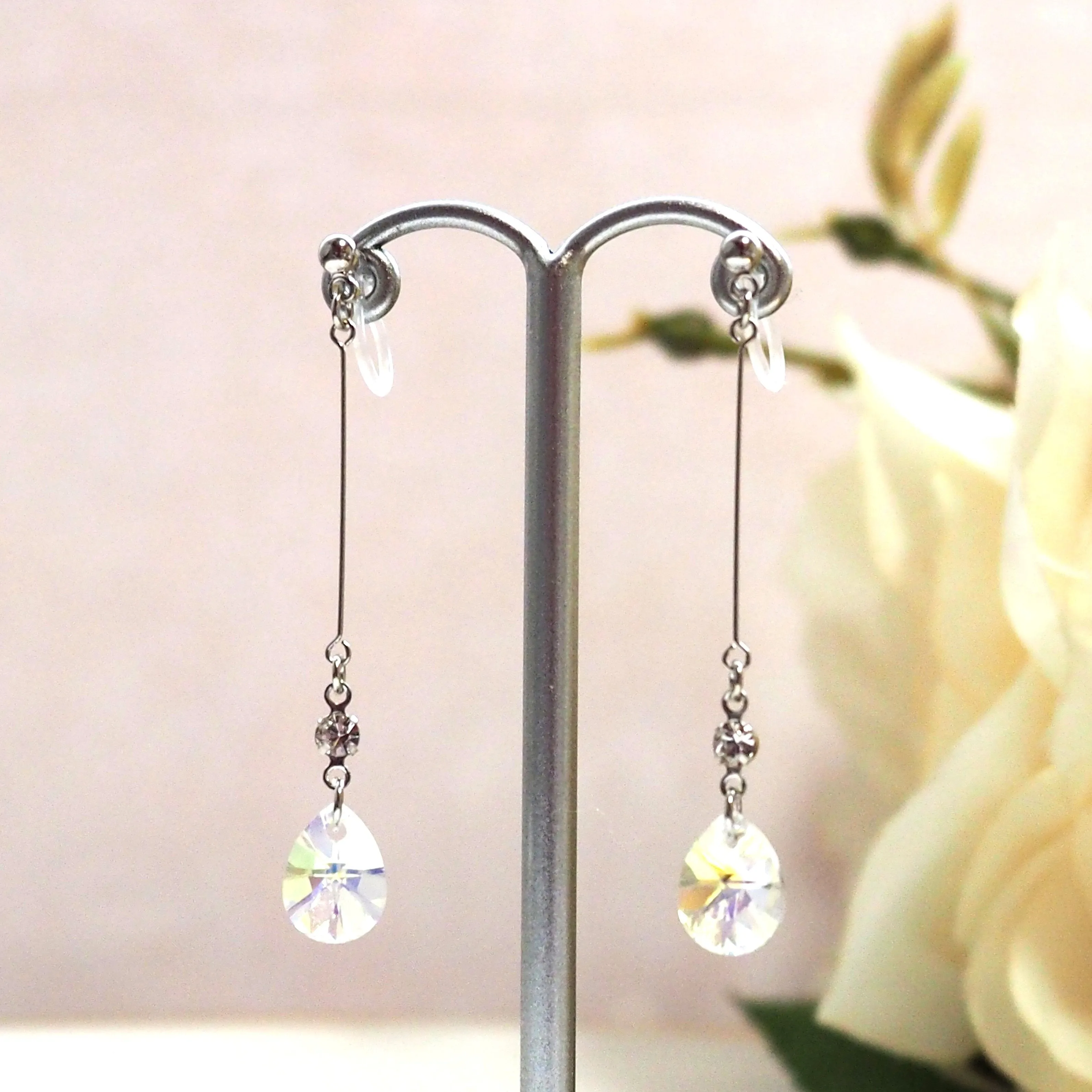 Aurora Borealis Teardrop Swarovski Invisible Clip On Earrings ( Silver tone )