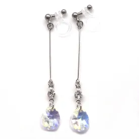 Aurora Borealis Teardrop Swarovski Invisible Clip On Earrings ( Silver tone )