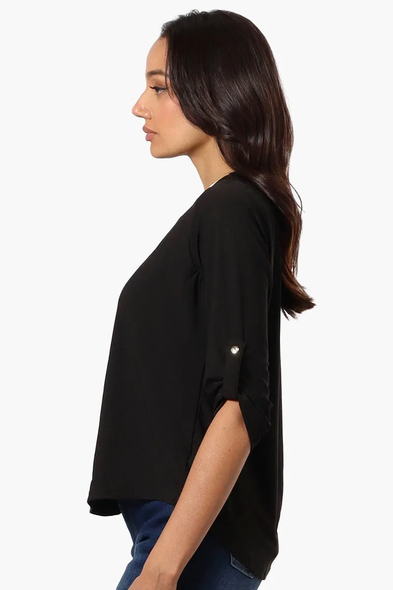 Beechers Brook Solid Roll Up Sleeve Necklace Blouse - Black