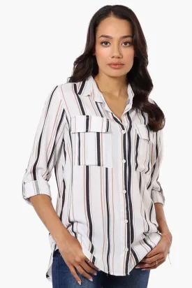 Beechers Brook Striped Roll Up Sleeve Blouse - White