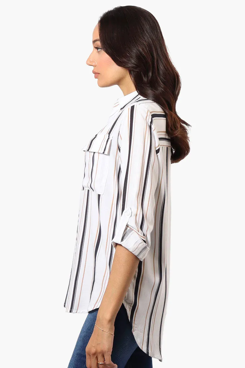 Beechers Brook Striped Roll Up Sleeve Blouse - White