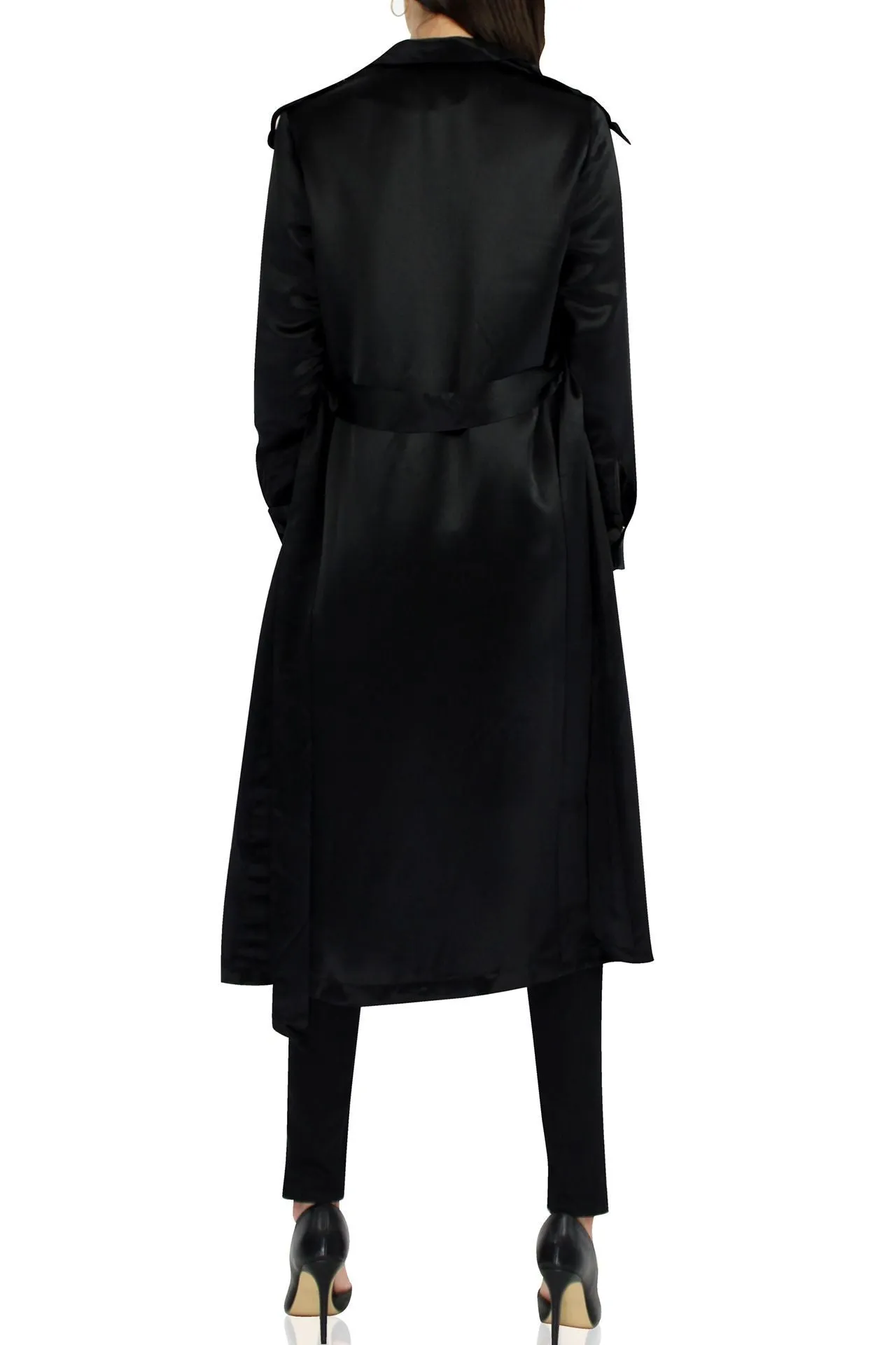 Belted Satin Trench Coat In Black