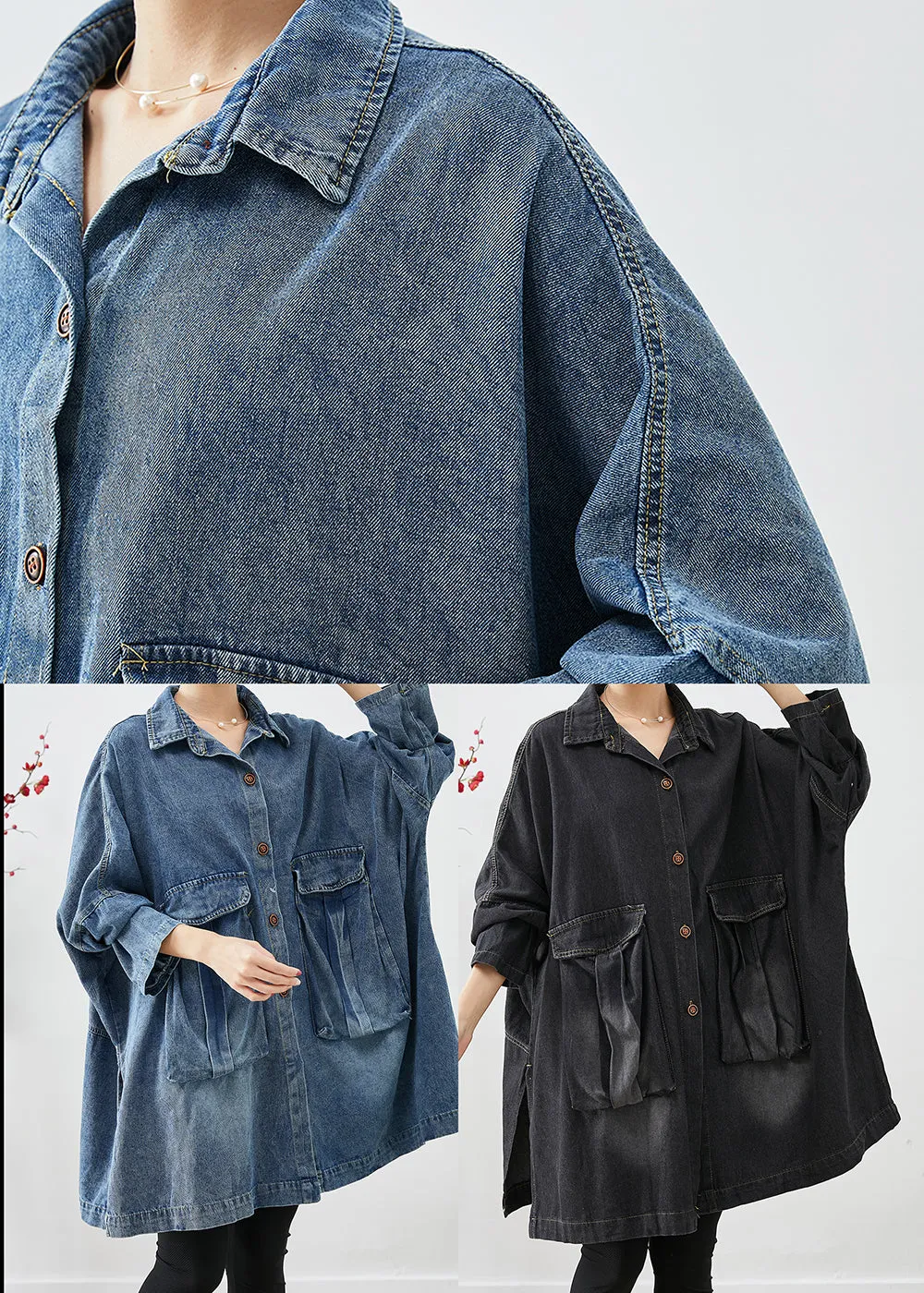 Black Denim Trench Oversized Pockets Batwing Sleeve LY9224