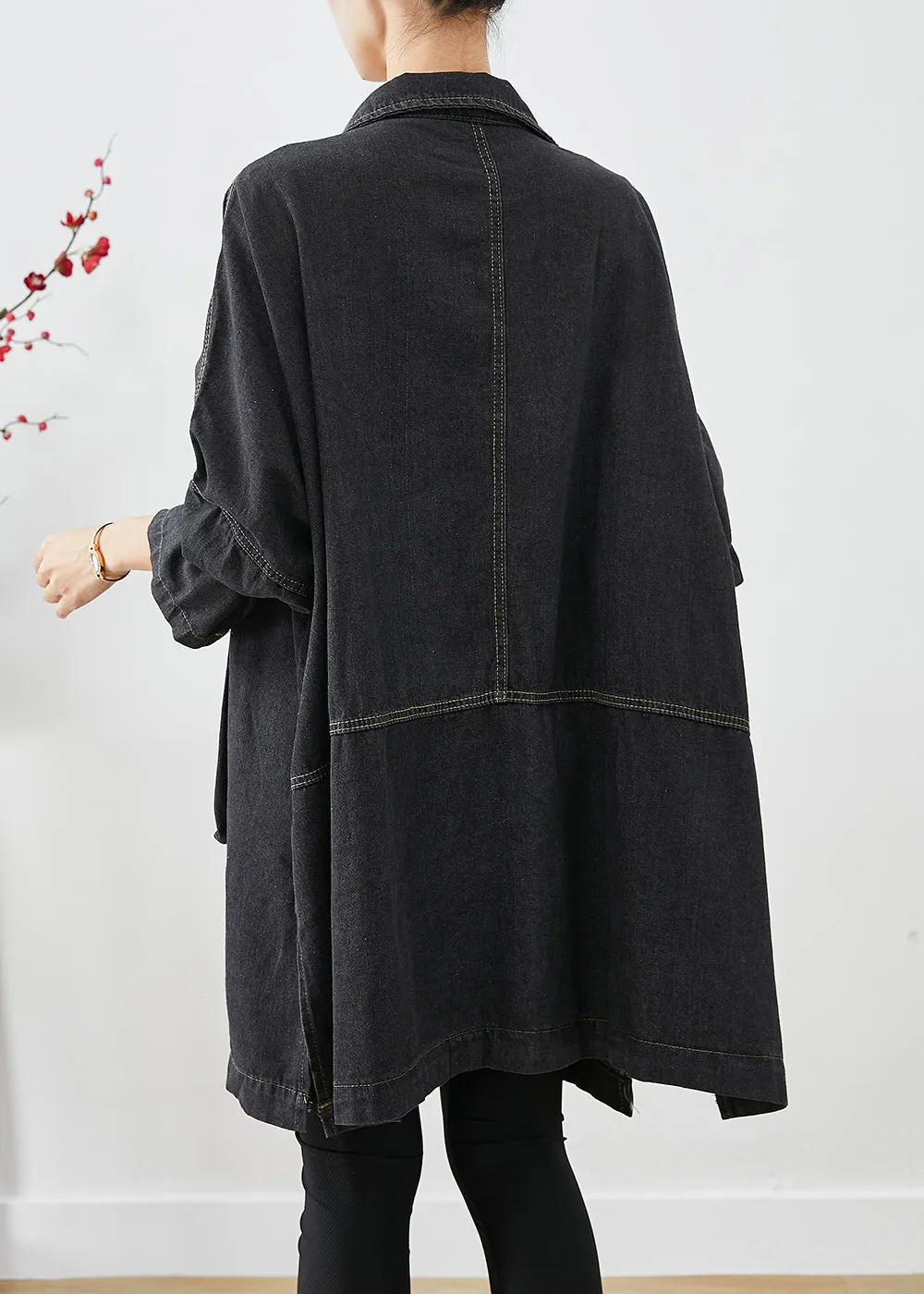 Black Denim Trench Oversized Pockets Batwing Sleeve LY9224