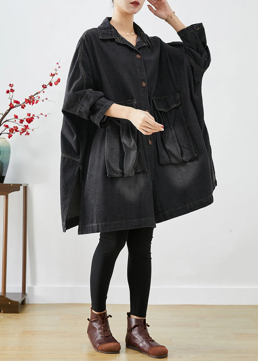 Black Denim Trench Oversized Pockets Batwing Sleeve LY9224