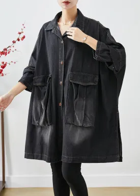 Black Denim Trench Oversized Pockets Batwing Sleeve LY9224