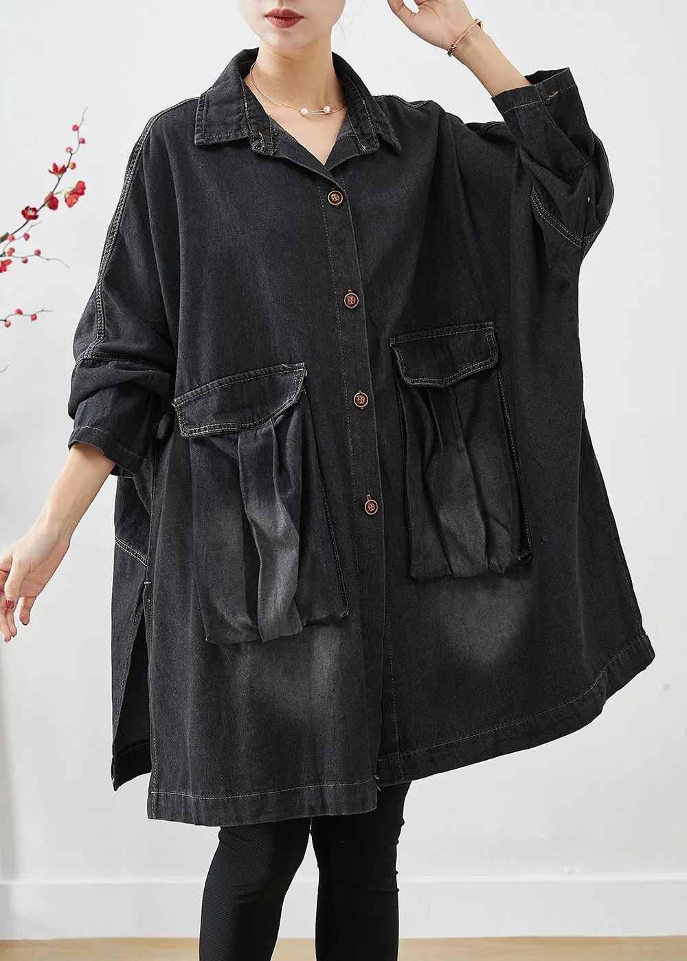 Black Denim Trench Oversized Pockets Batwing Sleeve LY9224