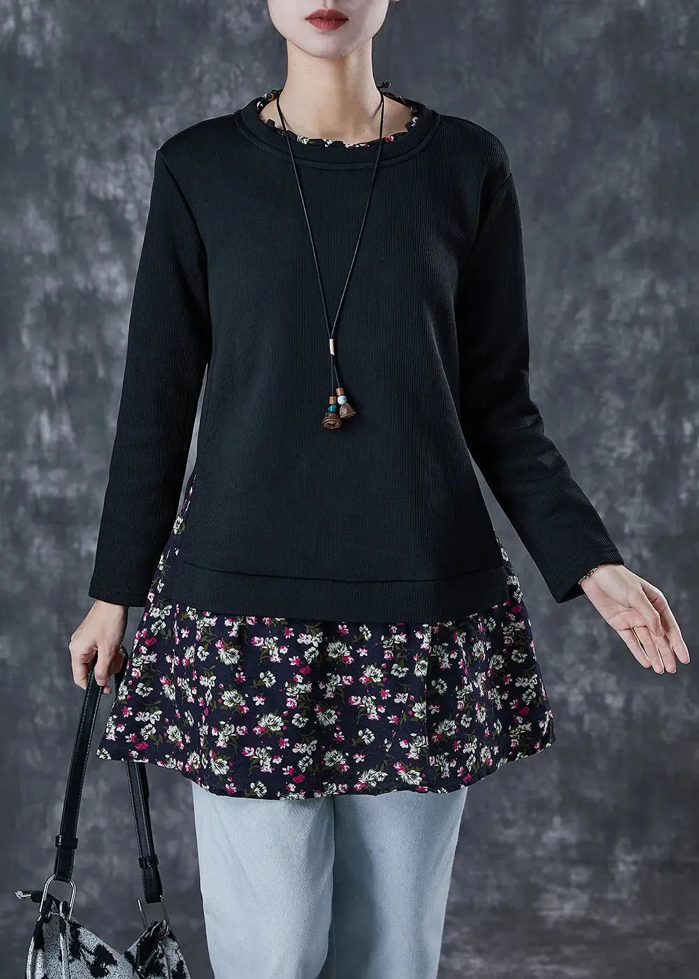 Black Patchwork Warm Fleece Blouses