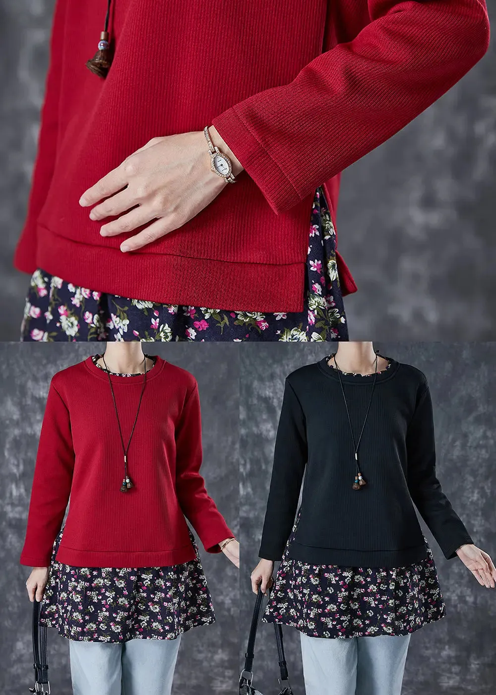 Black Patchwork Warm Fleece Blouses