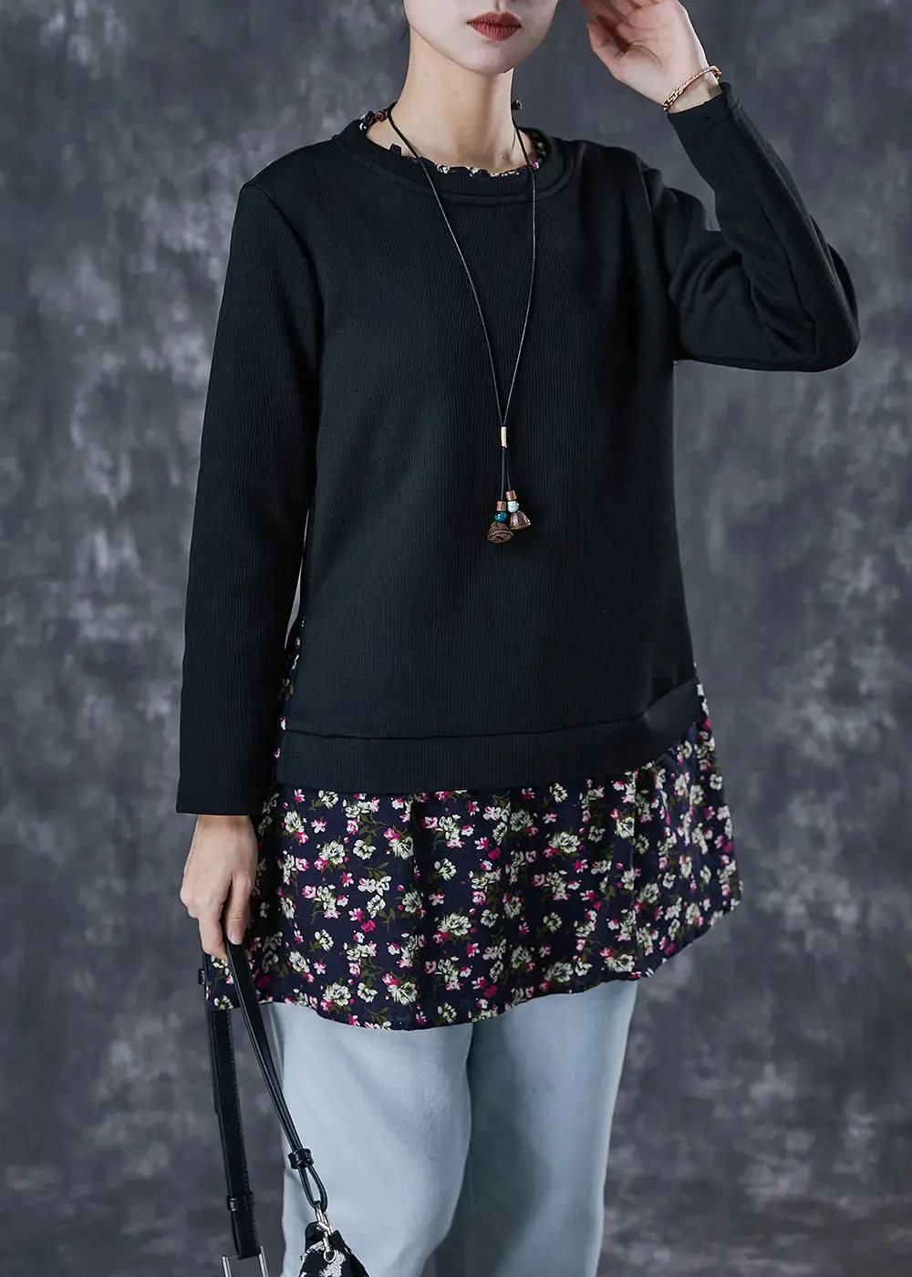 Black Patchwork Warm Fleece Blouses