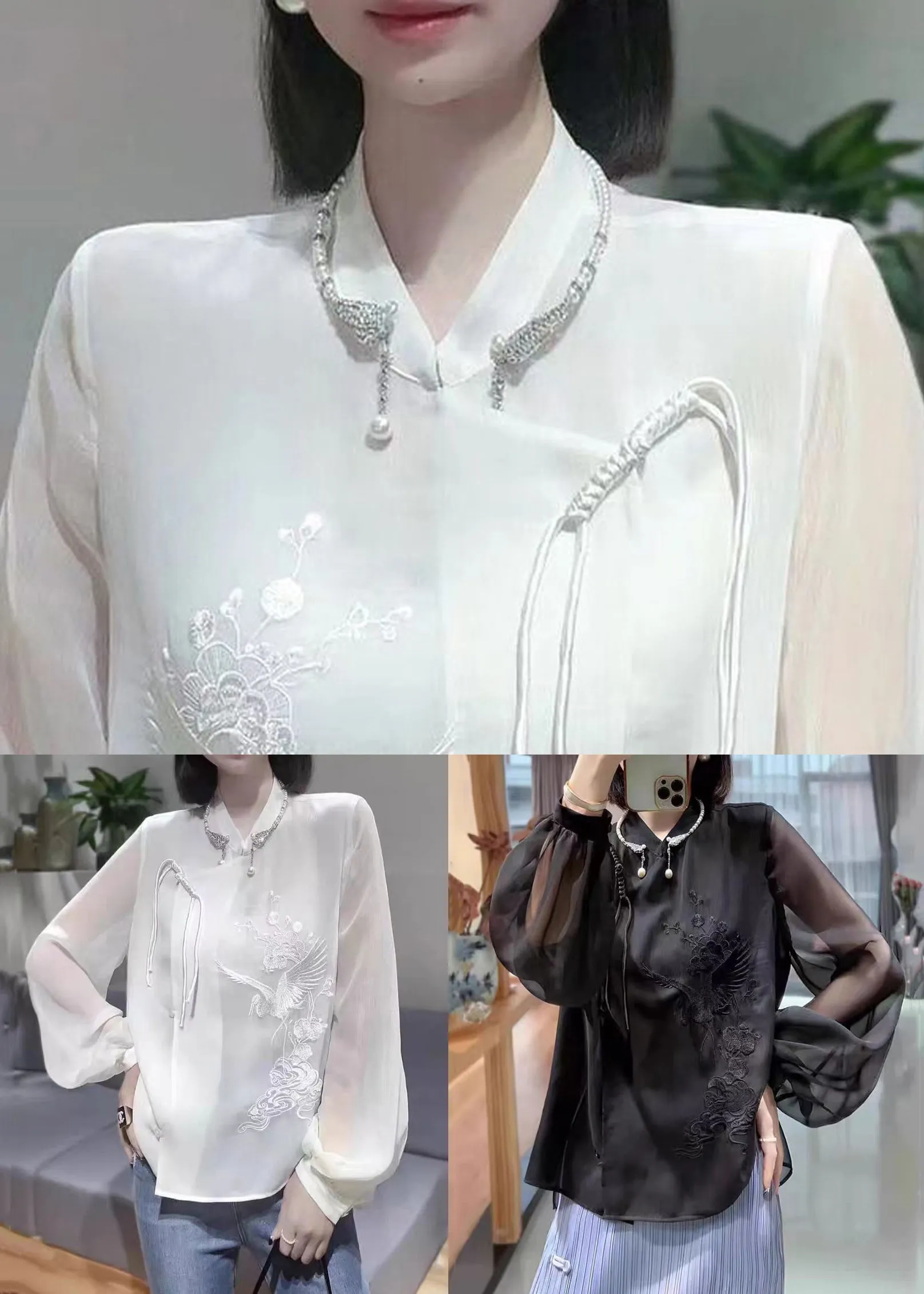 Black Solid Button Chiffon Blouses Stand Collar Lantern Sleeve QA1049