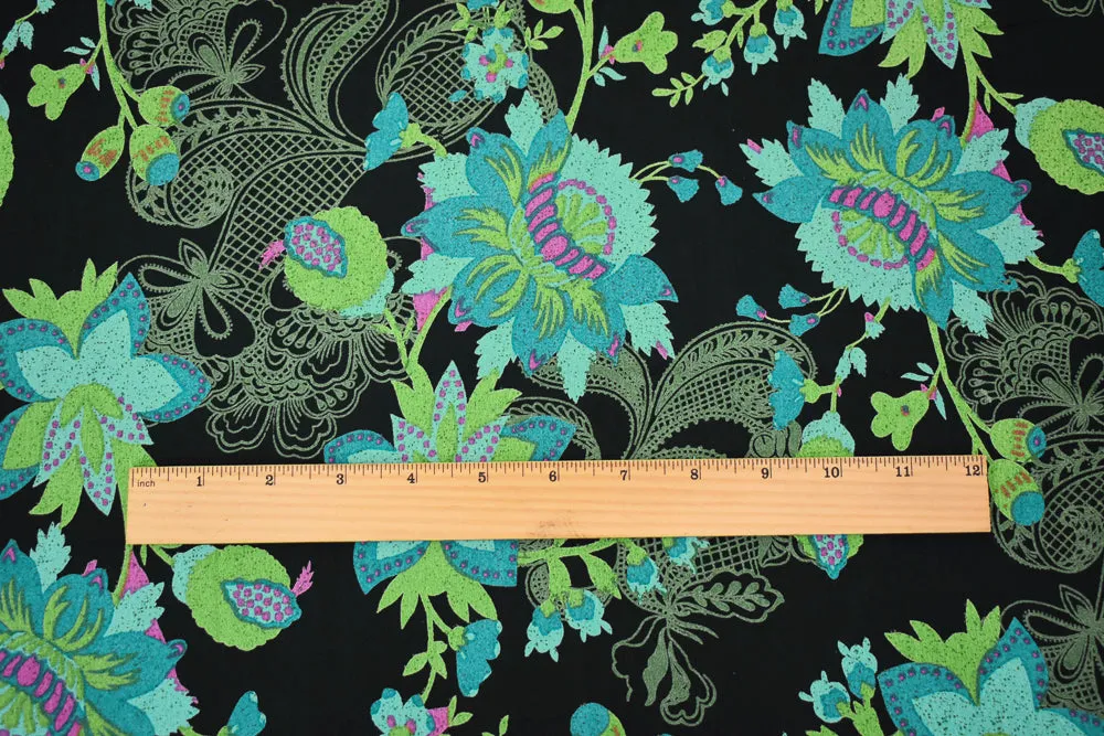 Black-Turquoise-Multi Floral Printed Rayon Crepe Faille Woven Fabric