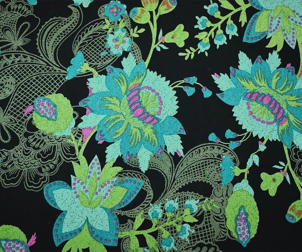 Black-Turquoise-Multi Floral Printed Rayon Crepe Faille Woven Fabric