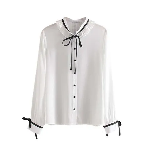 Bow Tie Sweet White Blouse Women Ruffled Long