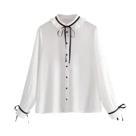 Bow Tie Sweet White Blouse Women Ruffled Long