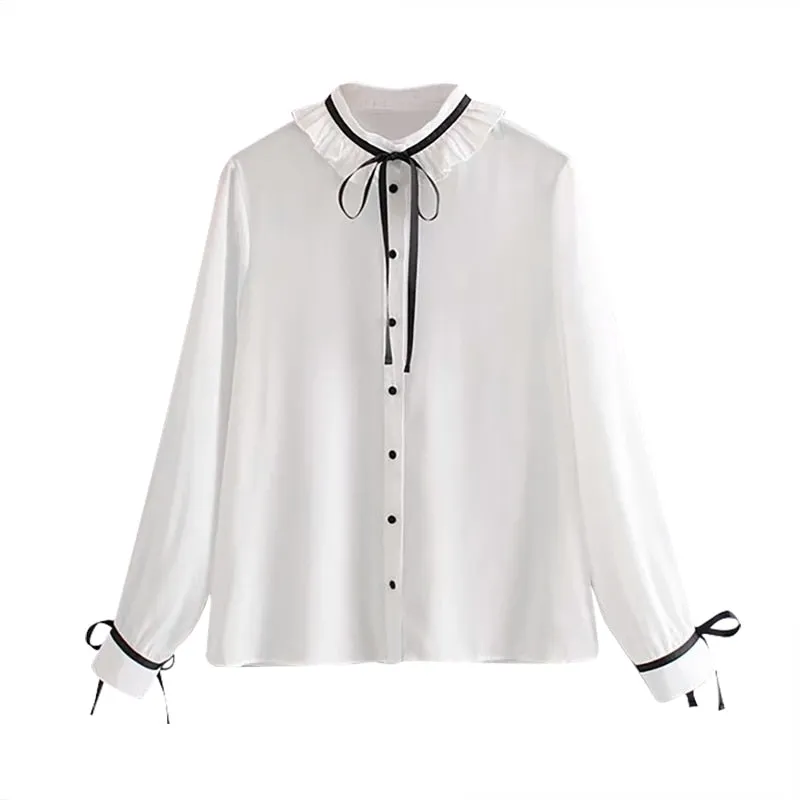 Bow Tie Sweet White Blouse Women Ruffled Long