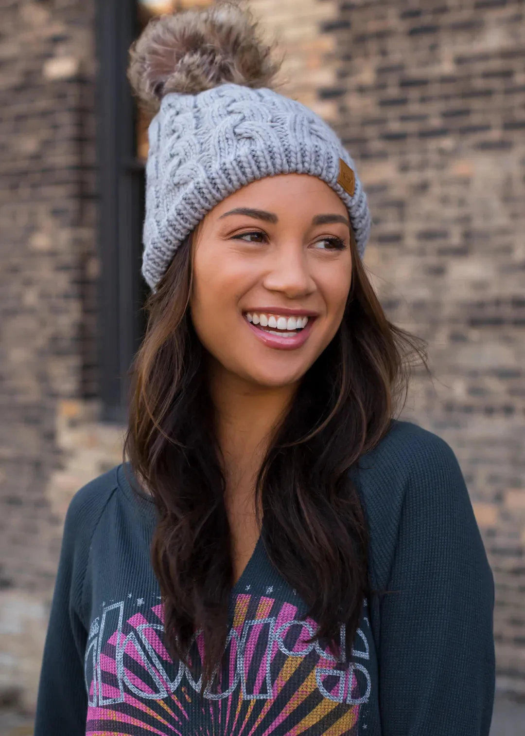 Braided Knit Hat with Faux Fur Pom