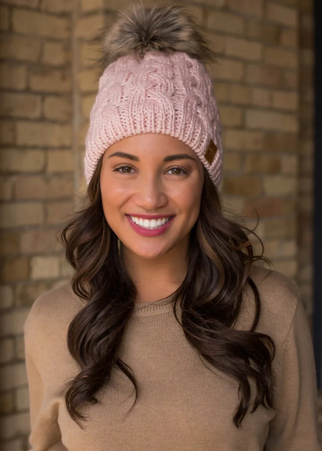 Braided Knit Hat with Faux Fur Pom