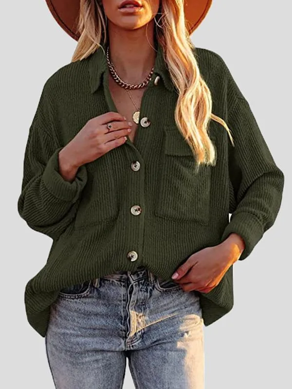 Button-Up Corduroy Long Sleeve Blouses with Pockets