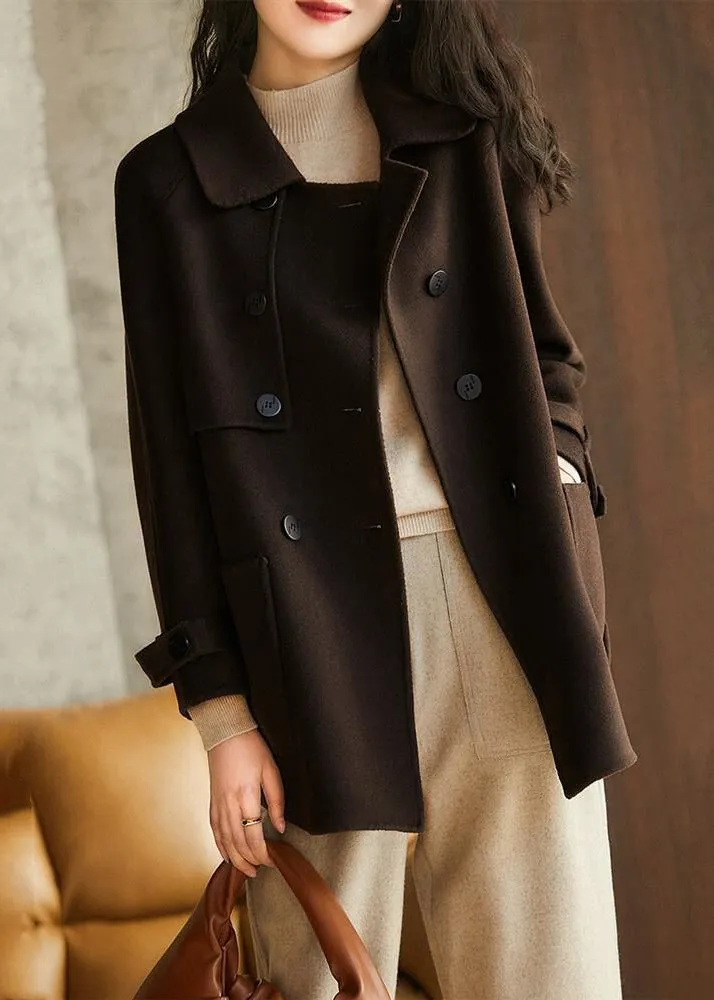 Chocolate Loose Woolen Trench Peter Pan Collar Double Breast Fall