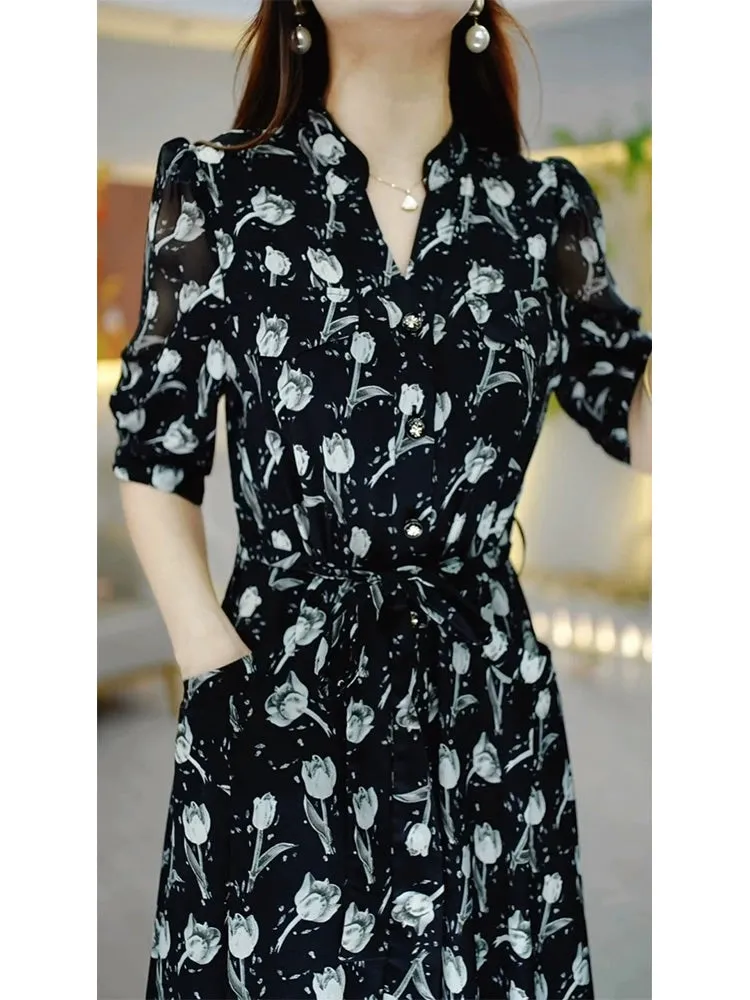 Classy Exquisite Black Chiffon Short Sleeve Dress