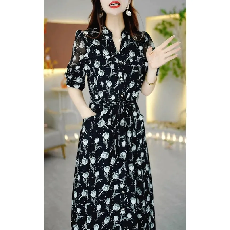 Classy Exquisite Black Chiffon Short Sleeve Dress