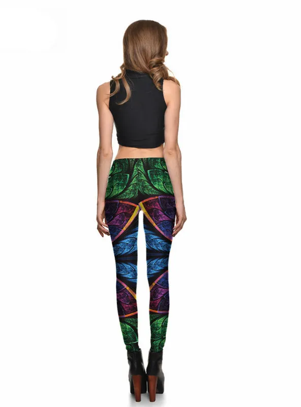 Colorful Metal Leaves Leggings Digital Printing Slim Pants