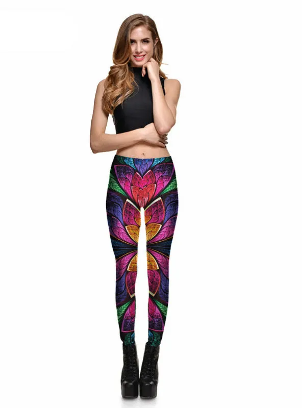 Colorful Metal Leaves Leggings Digital Printing Slim Pants