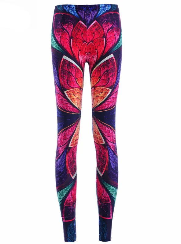 Colorful Metal Leaves Leggings Digital Printing Slim Pants