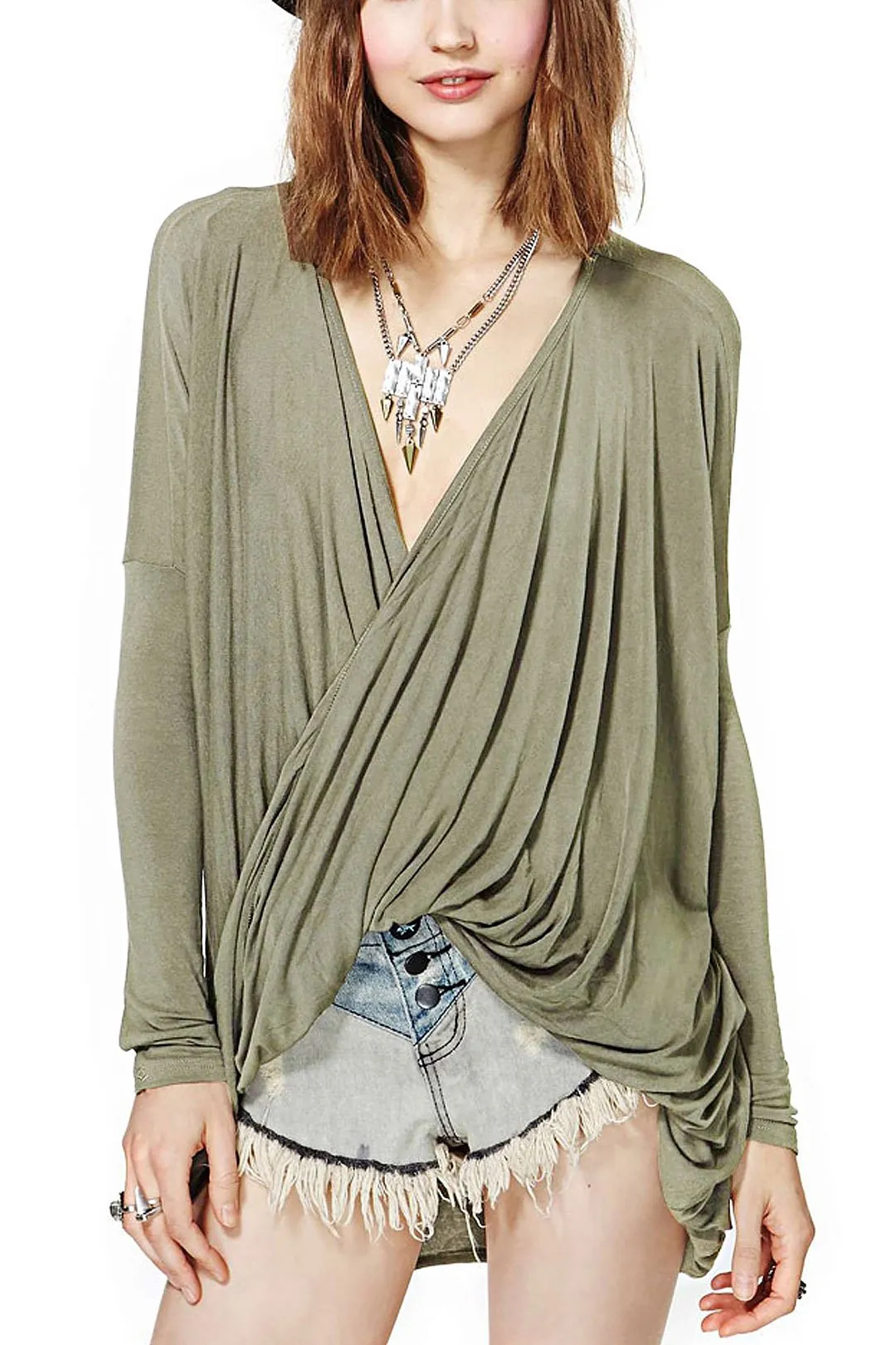 Custom Drape Sagging Plain Long Sleeve Irregular Hem Green Blouses