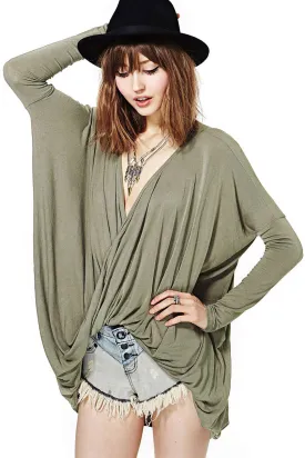 Custom Drape Sagging Plain Long Sleeve Irregular Hem Green Blouses